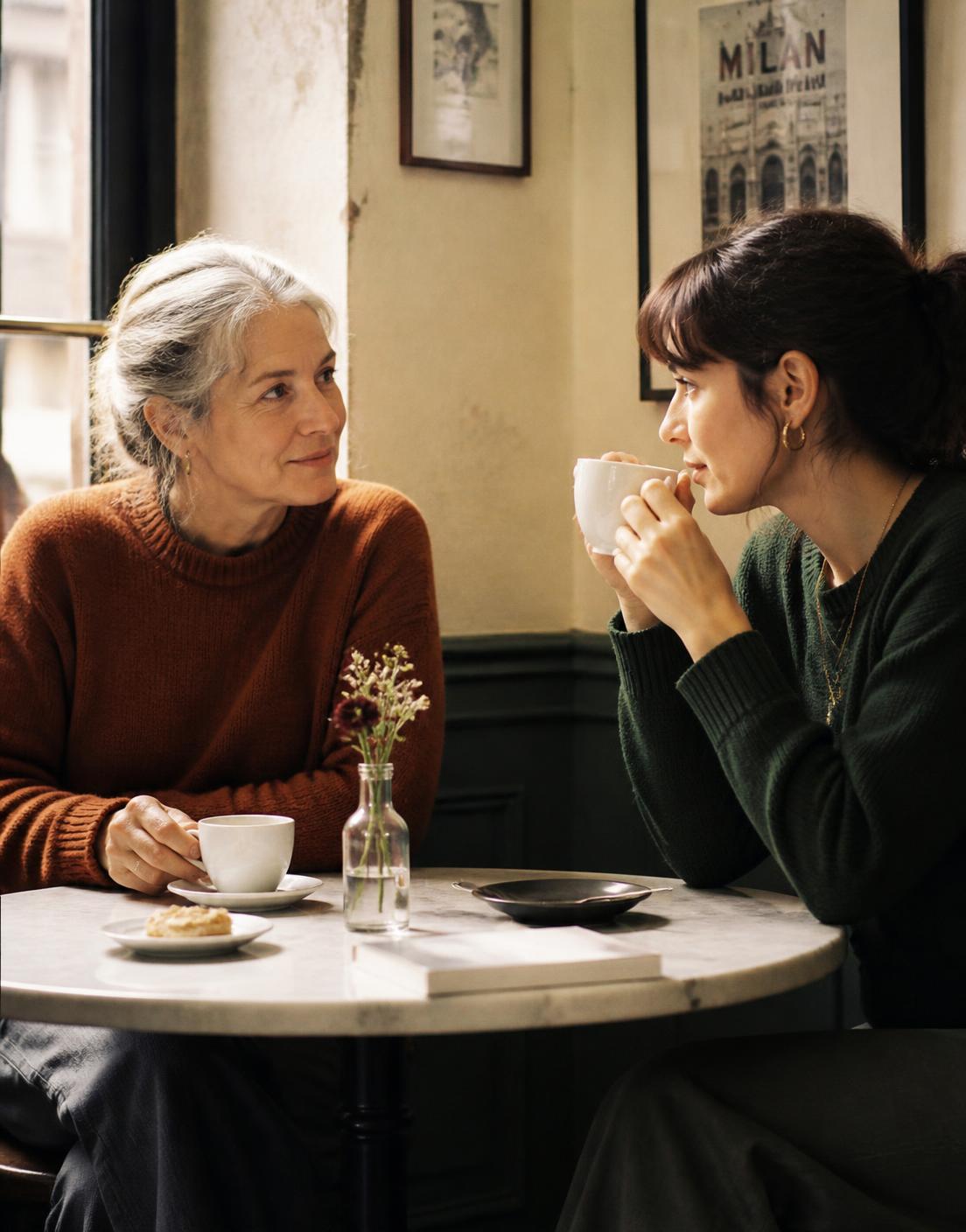 Ältere Frau und junge Frau trinken gemeinsam Kaffee